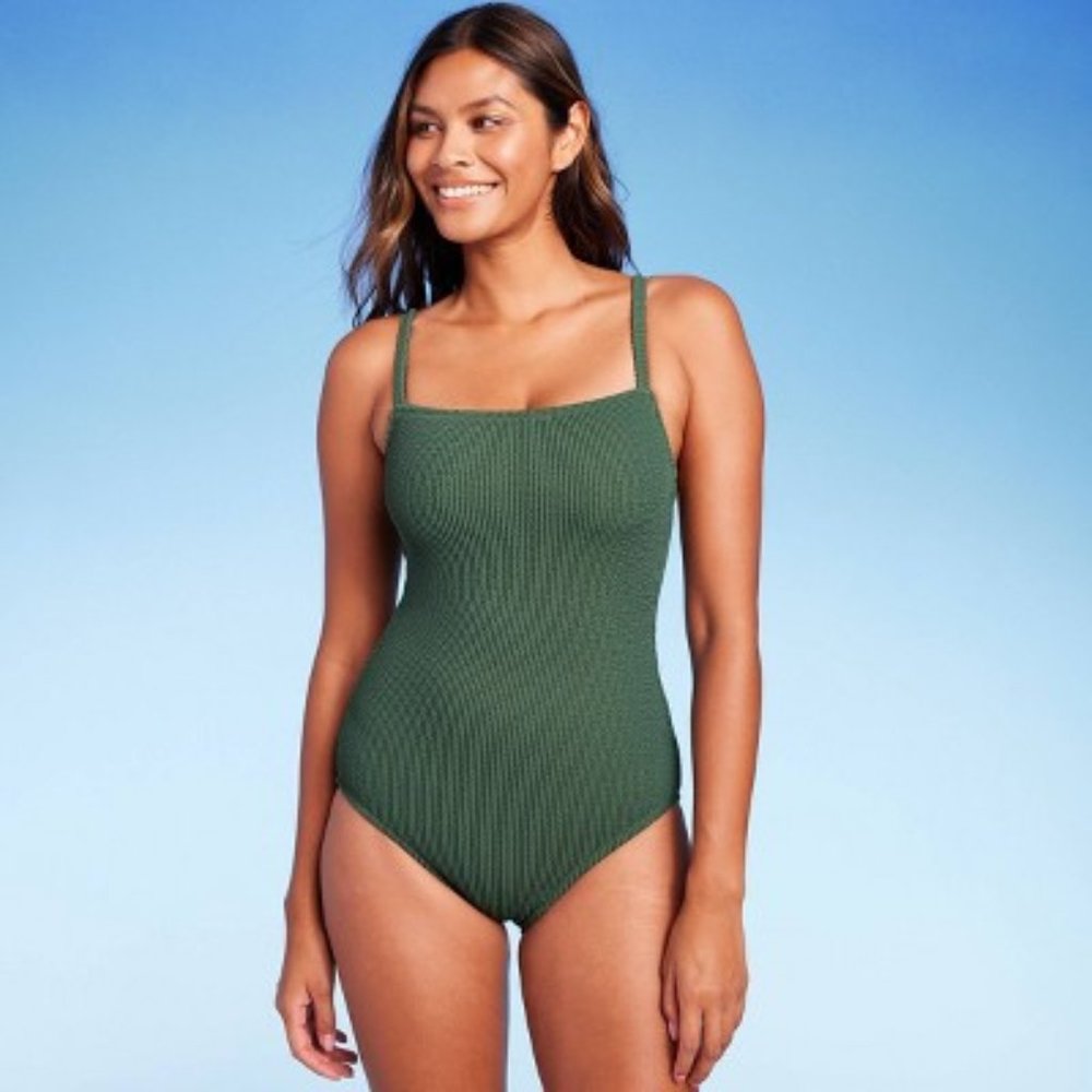 Textured Square Neck High Coverage Swimsuit Kona Sol Dark Green Large NEW
